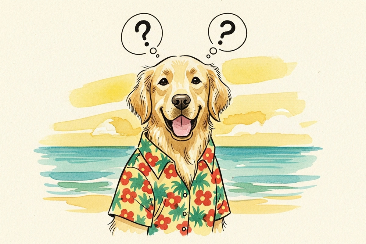 Dog thinking wearing a Hawaiian shirt